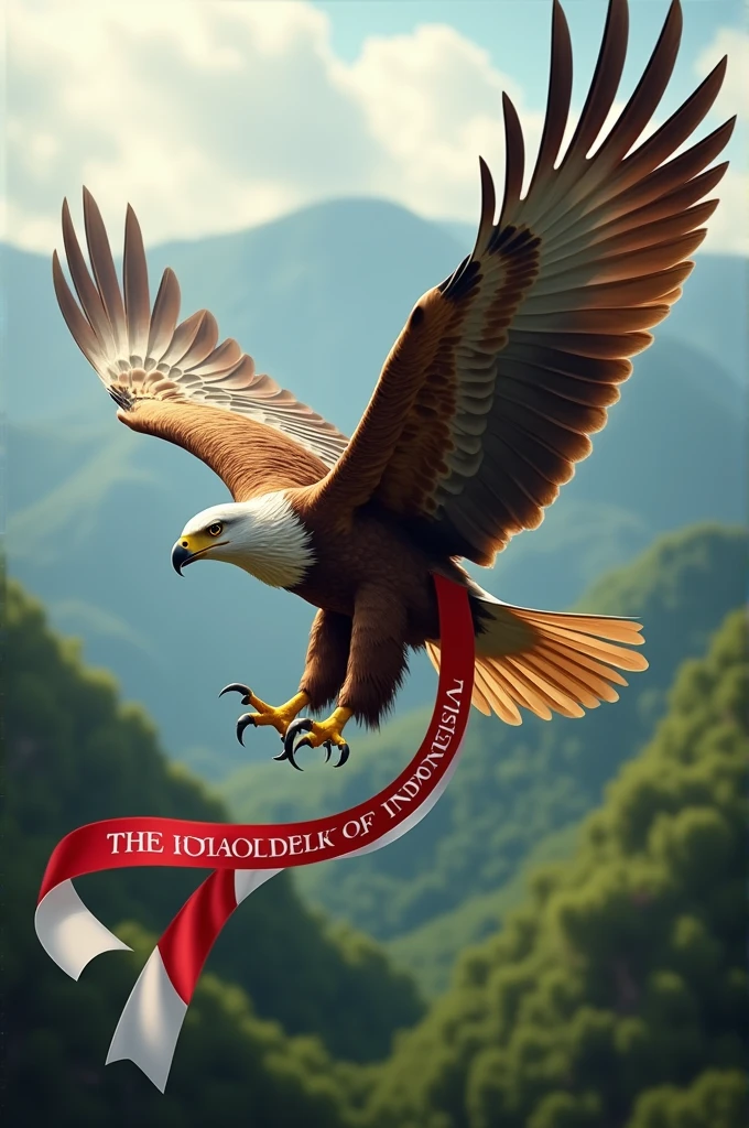 Eagle. flap its wings. a red and white ribbon sash that says the Republic of Indonesia