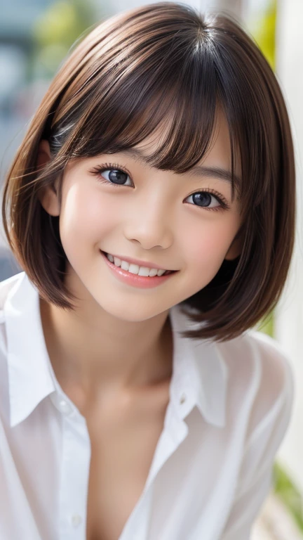 shoot from below,One person,Face in perfect proportions, Balanced Eyes, double eyelid,Japanese,young girl, Innocent face, smiling,,Beautiful nose, Lip gloss,shoot from front,look at a viewer,shorthair with bangs,((open shirt over topless)),daytime