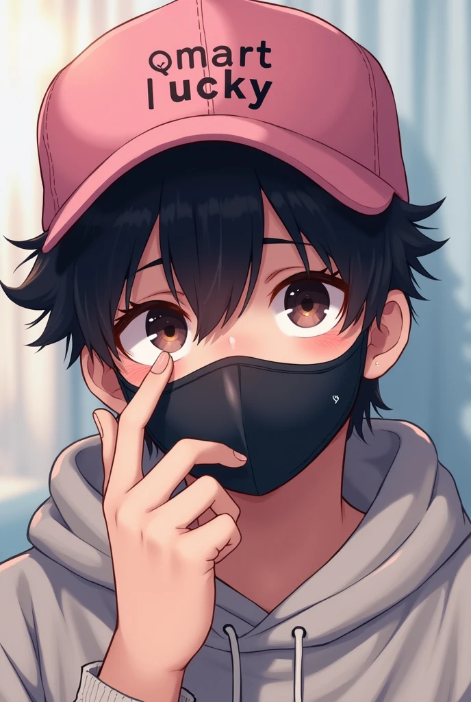 A digital illustration of a you person wearing a pink cap with the text SMART LUCKY on it. They have tousled dark hair partially covering their forhead and are wearing a black face mask. The individual is touching the mask is with their hand,looking slightly downcast. They are dressed in a light-colored hoddie,and the background features soft,bluerd colorred,suggesting a casual setting
