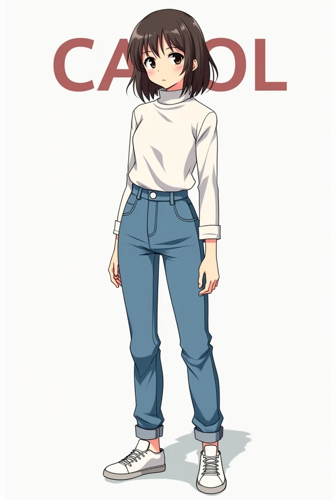 Brunette character, white turtleneck shirt, blue jeans, white sneakers on the shirt, the name Carol in capital letters, anime theme