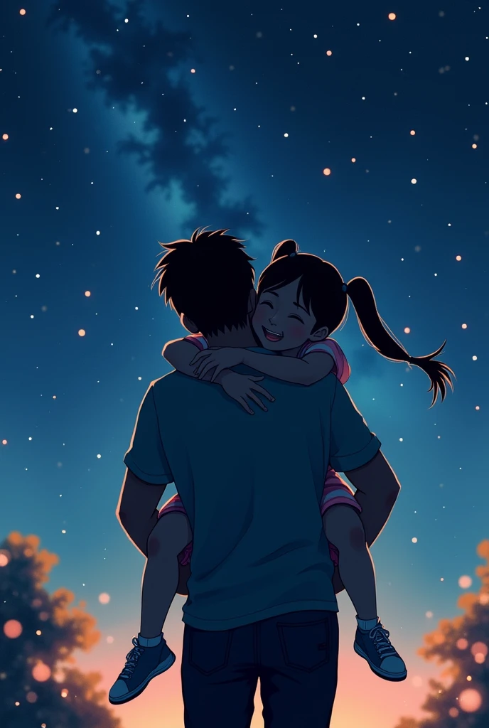 a is piggy back riding her father while they are outside and it's a night time full of stars in the sky. make it an art style like painting and silhouette. atleast 1:1 size photo.
