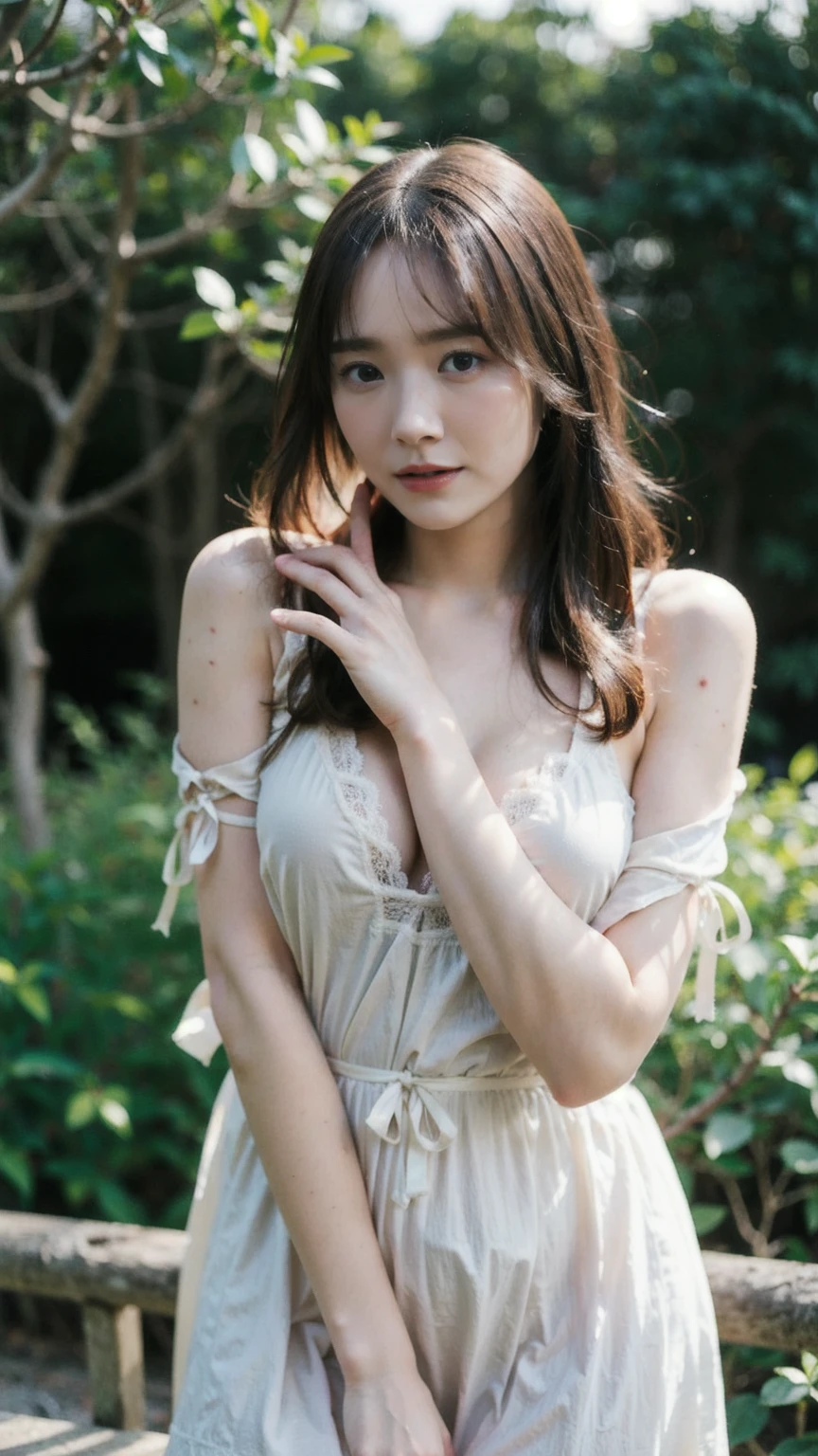 (Raw photo, Best Quality), (Realistic, Photorealsitic:1.3), masterpiece, Extremely delicate and beautiful, Soft light, (Brown hair, Shoulder-length straight hair swaying in the wind), Beautiful detailed girl, (Detailed fingers), extremely detailed eye and face, beautiful detailed nose, Beautiful detailed eyes, 1 girl, Japanese, Neat and clean beauty, Cute, young, sexy erotic tiny string of G-string lingerie, (Half body:1.3), (big breasts:1.3), Realistic face, Realistic body,