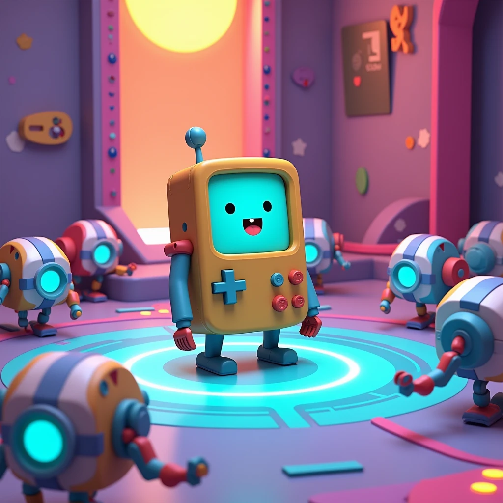 3D game screenshot, third-person camera view, stylized casual game. Main character is BMO robot from Adventure Time cartoon. Multiple similar robots running around the level. Level design resembles a test chamber. Colorful, playful atmosphere. Cartoon-style graphics, simple textures. Isometric view, ((((game UI elements visible))). Adventure Time inspired, puzzle-platformer aesthetics. Game development, 3D modeling, character design