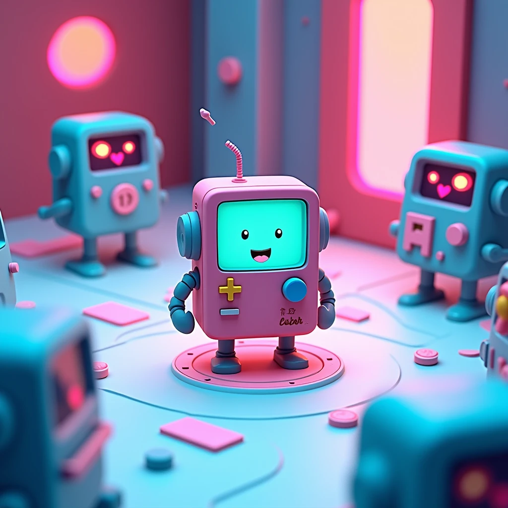 3D game screenshot, third-person camera view, stylized casual game. Main character is BMO robot from Adventure Time cartoon. Multiple similar robots running around the level. Level design resembles a test chamber. Colorful, playful atmosphere. Cartoon-style graphics, simple textures. Isometric view, ((((game UI elements visible))). Adventure Time inspired, puzzle-platformer aesthetics. Game development, 3D modeling, character design