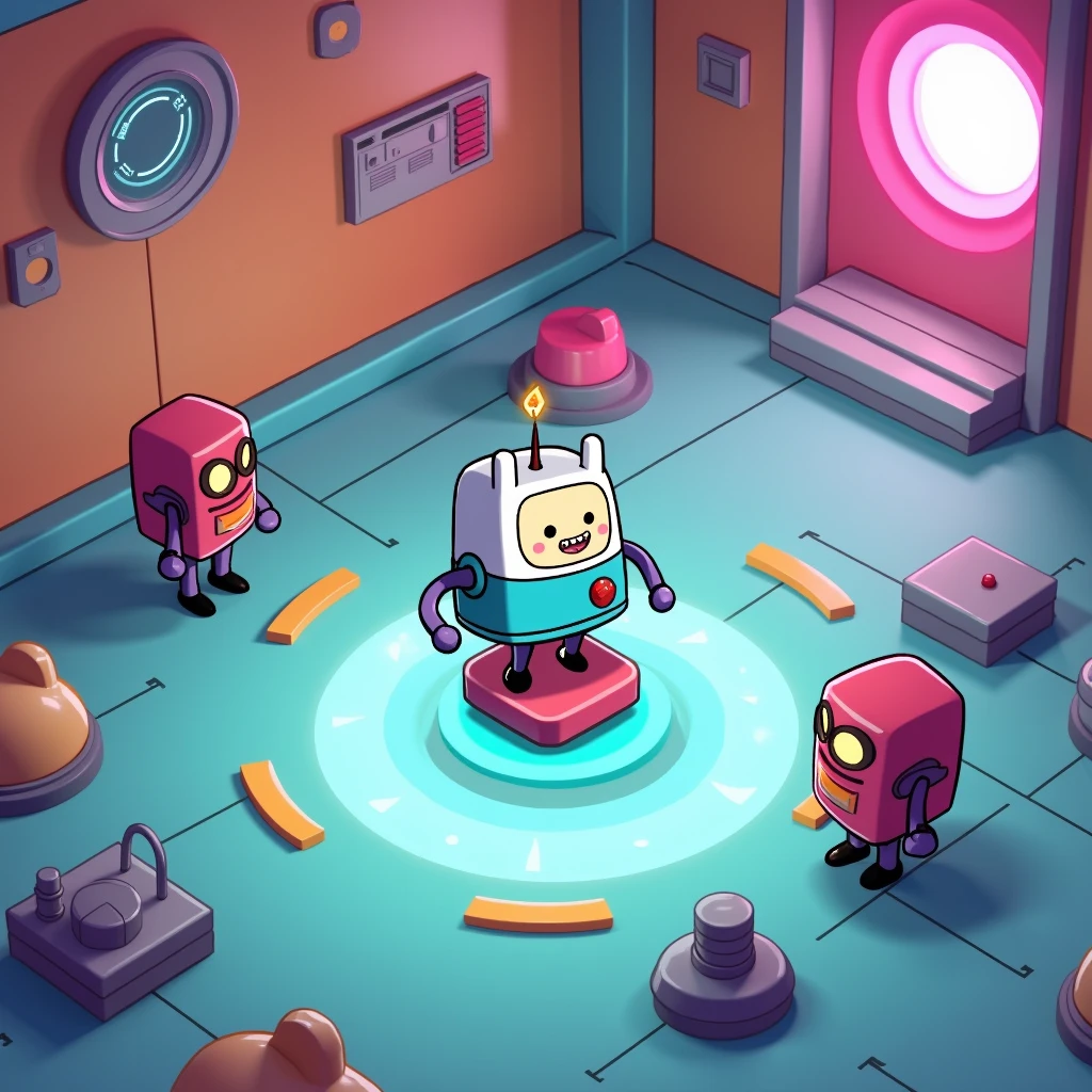 3D game screenshot, third-person camera view, stylized casual game. Main character is BMO robot from Adventure Time cartoon. Multiple similar robots running around the level. Level design resembles a test chamber. Colorful, playful atmosphere. Cartoon-style graphics, simple textures. Isometric view, ((((game UI elements visible))). Adventure Time inspired, puzzle-platformer aesthetics. Game development, 3D modeling, character design