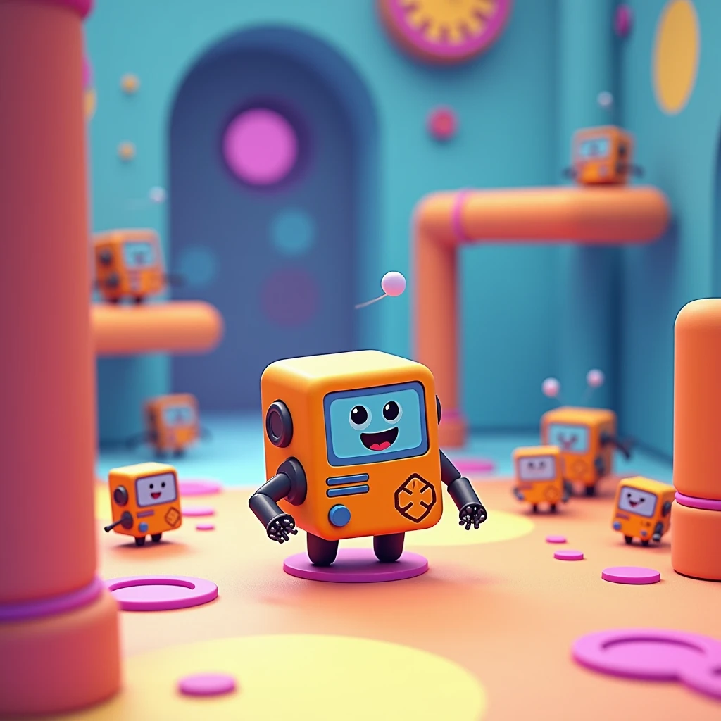 3D game screenshot, third-person camera view, stylized casual game. Main character is BMO robot from Adventure Time cartoon. Multiple similar robots running around the level. Level design resembles a test chamber. Colorful, playful atmosphere. Cartoon-style graphics, simple textures. Isometric view, ((((game UI elements visible))). Adventure Time inspired, puzzle-platformer aesthetics. Game development, 3D modeling, character design
