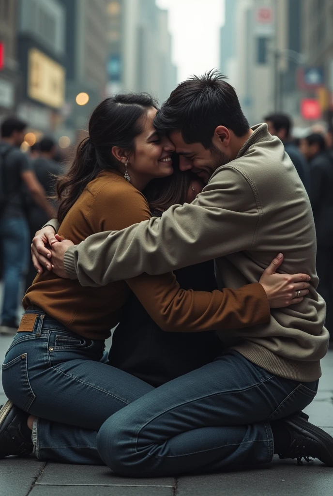 Create desperate crying men and women on their knees hugging each other in casual clothes in a city square.