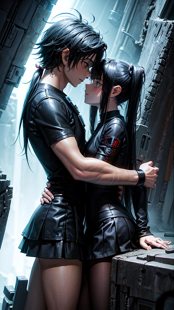 a naked handcuffed mato kuroi from black rock shooter hugging an emo guys, space, space ship, futuristic, bdsm, bodnage, sex,rape , forced, sexual intercourse, handcuffed, restrained,