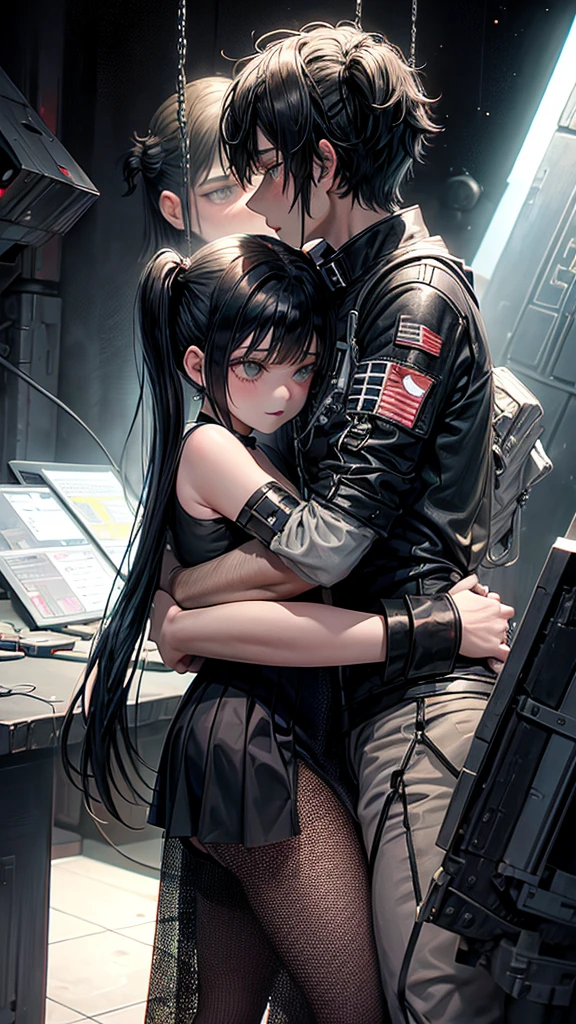 a teenager girl in black pigtails kissing an emo teenager male guy, spaceship, space ship, futuristic