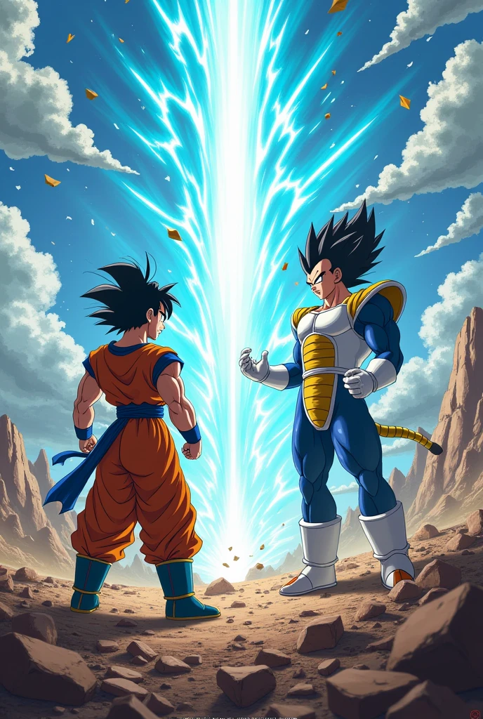 Goku launching a Kamehameha at Vegeta