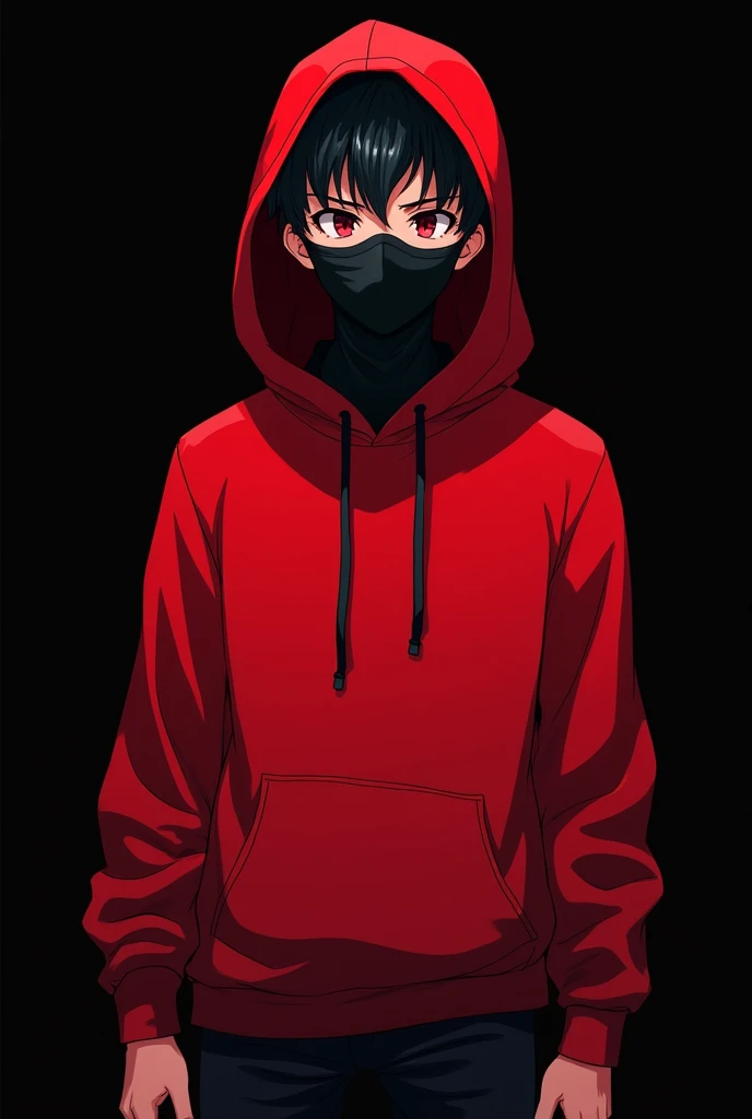 One anime boy 22 years with hoodie of red colour and black mask full body . With black backgroud