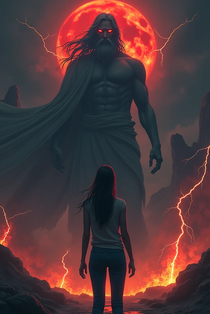 I want a mysterious picture. My book is on an ancient greek civilisation. Black colour theme. Zeus should be standing behind the girl. She has dark hair and a tomboy. I want a dark zeus standing behind her. Also only her back is visible. She ll be surrounded by thunder and lightning and also fire. No frocks or dresses. A jeans and shirt. Also dark zeus. Only surrounded by fire and lightning. And no anime. Realistic picture. A dark one. Zeus should not be visible a lot. Like people shouldnt know its zeus. So just a darkenned zeus. I dont want people to know its him. Um why dont we put a cloak on top of him. Make him more darker. A dark version. I dont want him to be white at all. Darker. I also want bit of blood moon. I want zeus larger. And throwing thunderbolts at the girl. Remove the girl. Make zeus extra black. His eyes will bw glowing red. Make the whole background to pitch black. Only light is from fire the blood moon and lightning. Make it look realistic and cool. Not like a kids. Pure adult. No moutains. Complete pitch black.