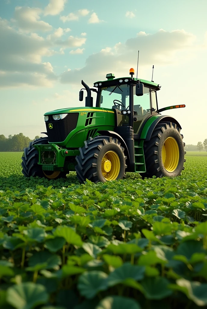 a John Deere tractor with John Deere logos and the words Ferro Sul written on it, make it in a soybean plantation
