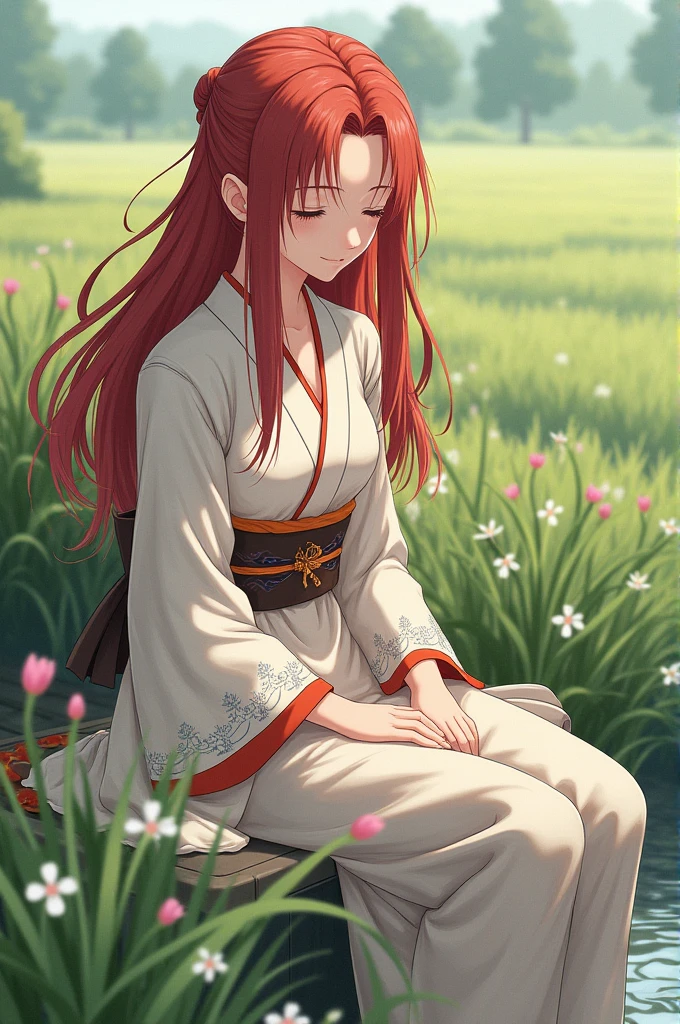A girl with long red hair wearing a kimono is farming (planting rice, holding fruit...) or lying on the grass according to the drawing of Naruto (cover image)