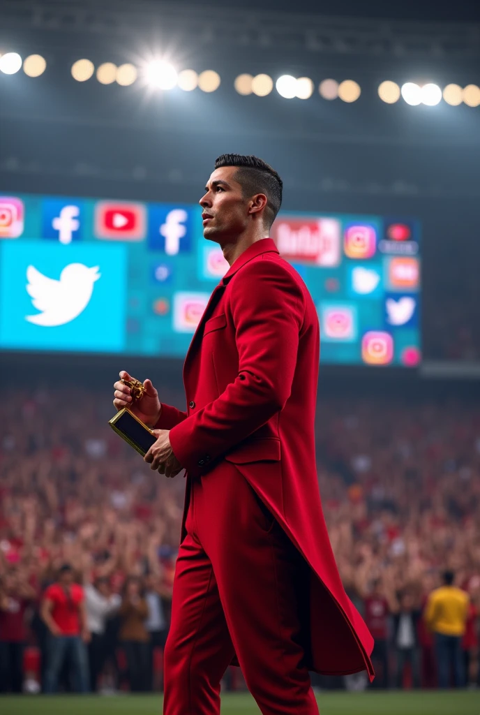 Cristiano Ronaldo receive best social media influencer award in a big stage ... He wear red coat and pant.. a banner shows instagram, X, facebook & youtube logo..
Million Fans Cheers in background...