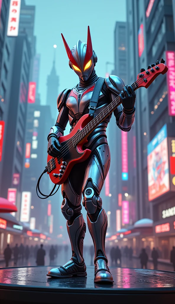 Ultraman playing guitar bass electric on stage,, ((cyberpunk style)), Hi-Tech city, mechanical enhancement, (high-tech fantasy), robotics, blade runner 2049