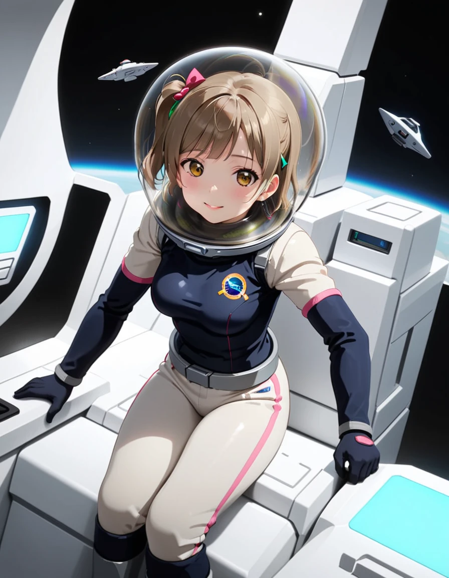 (Spacesuit:1.15), White Cargo Pants, Space Helmet , , Spacewalk, masterpiece, Highest quality, One person, alone, short hair, , , , Bodysuits,Gloss,, short hair, (Futuristic spaceship:1.6), , smile,Covered navel, short hair,Small breasts,From above, space helmet, bubble helmet,Minami Kotori , Love Live! School Idol Project,