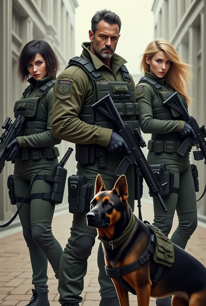 1 man and 2 women, one with short black and brunette hair and the other with long blonde hair, all three dressed in tactical clothing, the man with long weapons, guns on their legs and waist and chest and women with handguns and guns on their waists knives and a black dog dressed in tactical clothing and a tactical helmet 