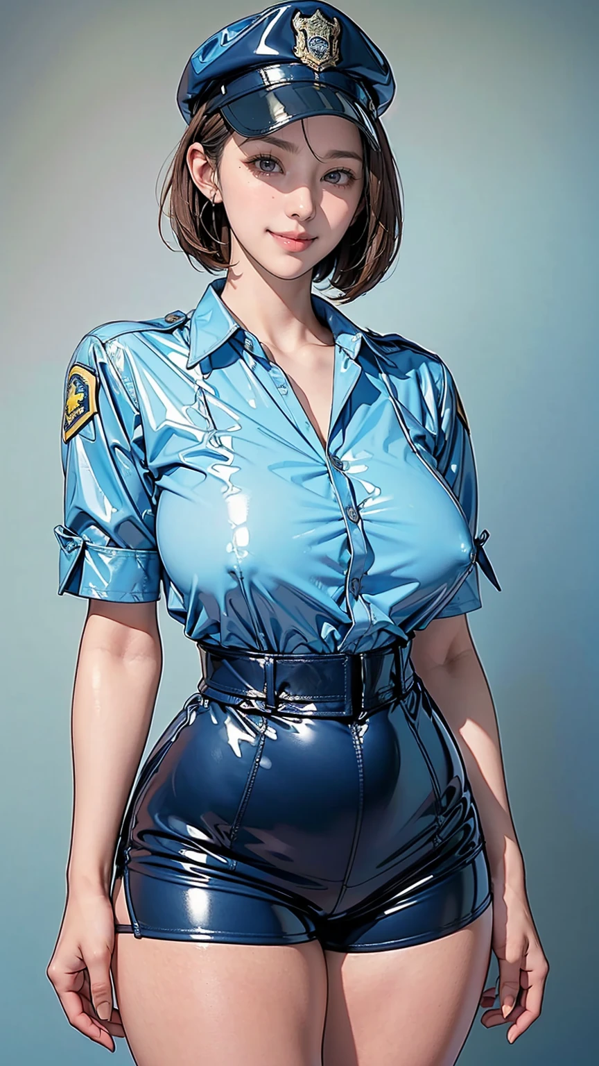 Blue blank background, (1girl:1.3), Photo from the waist up, Anatomically correct, Accurate Anatomy, Brown Hair, Wavy short hair, (Fitted clothing, Camel Knob, A light blue fitted shirt made of latex, Navy blue latex shorts, Police style:1.3), Smiling with some teeth showing, (Thick thighs:1.2), (Her breasts are of normal size:1.3)