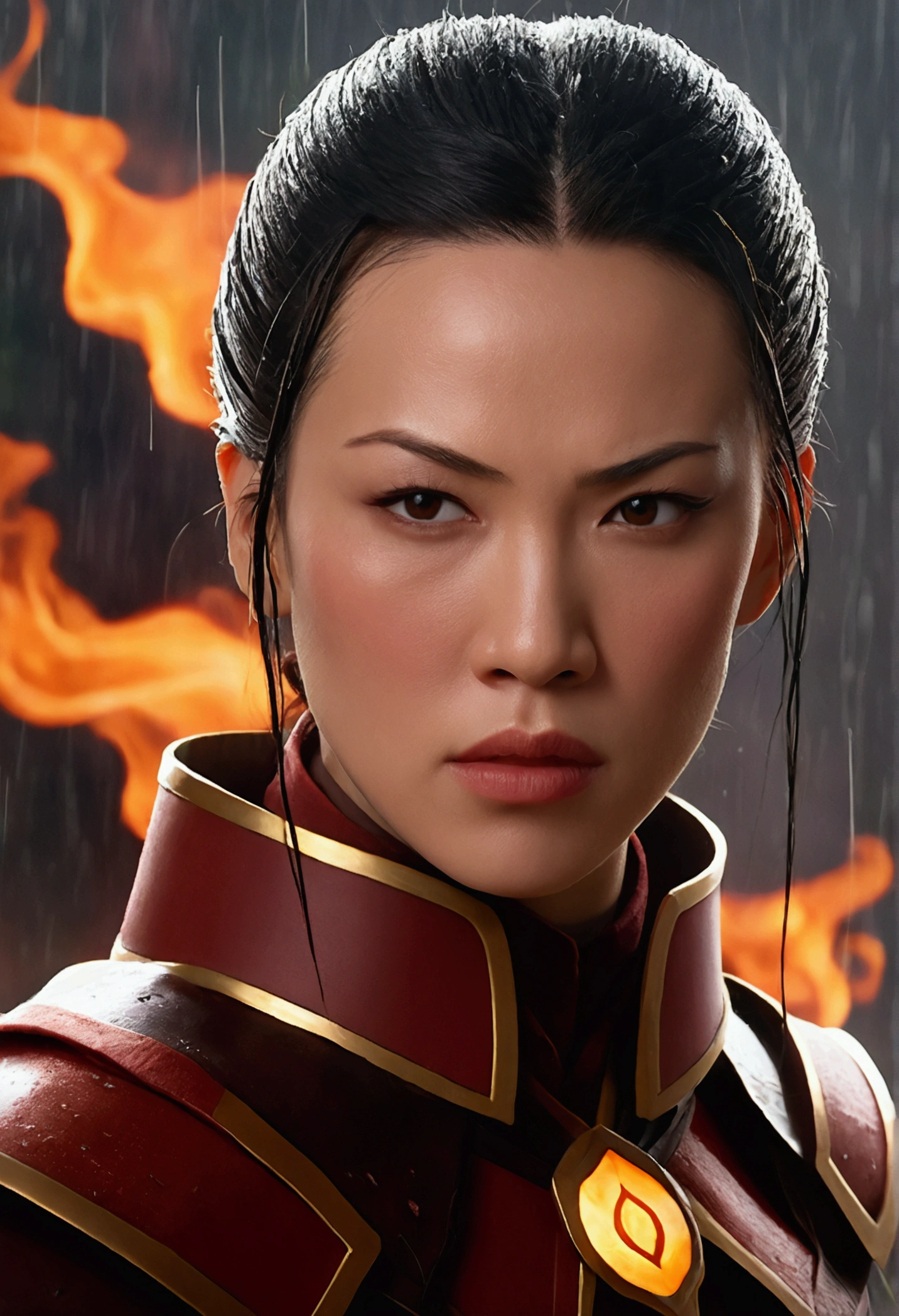 Close-up shot of Princess Azula from the Fire Nation, wearing her battle armor. She is standing under the rain, with a focused and intense expression. The rain is dripping down her armor and face, highlighting her sharp features and the fiery aura she exudes even in the midst of the storm. The background is blurred, emphasizing her powerful presence and the detailed design of her armor.