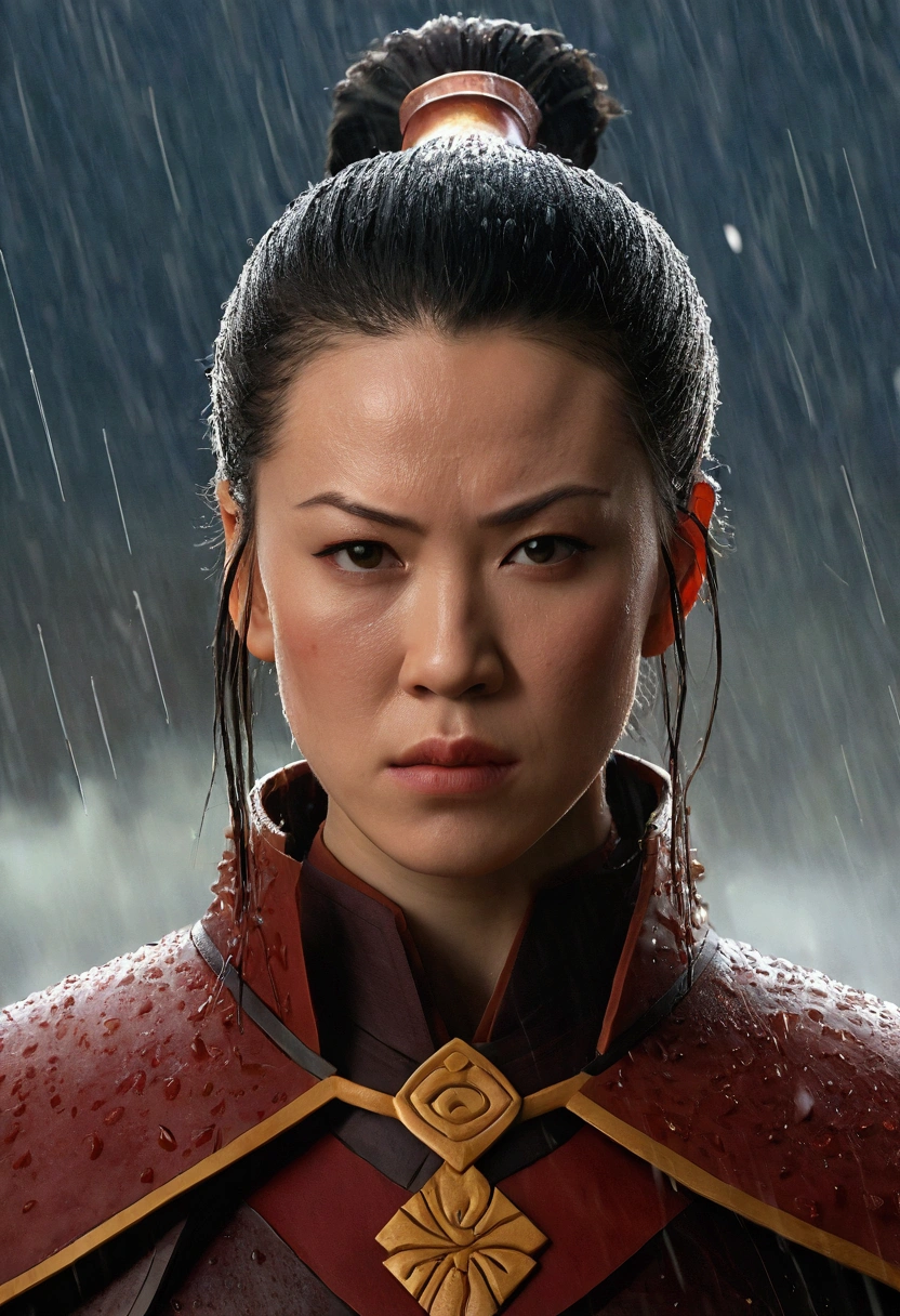 Close-up shot of Princess Azula from the Fire Nation, wearing her battle armor. She is standing under the rain, with a focused and intense expression. The rain is dripping down her armor and face, highlighting her sharp features and the fiery aura she exudes even in the midst of the storm. The background is blurred, emphasizing her powerful presence and the detailed design of her armor.