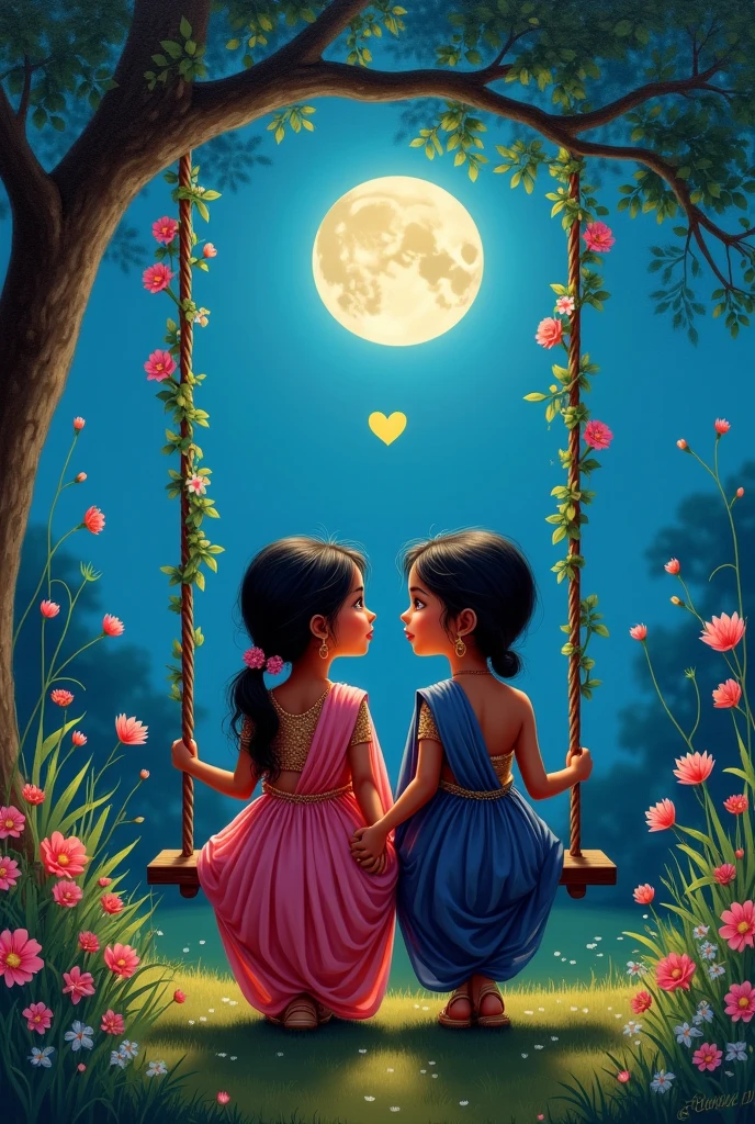 there are a couple both are 2, sitting in front on a swing in the beautiful garden view, they are wearing a navy blue and pink saree,boy with name SHYAM, write on it,girl with name NANCY, write on it ,lovely couple, sitting on a moon, heart emoji,holding hands in the moonlight hyper realistic art painting detail image 