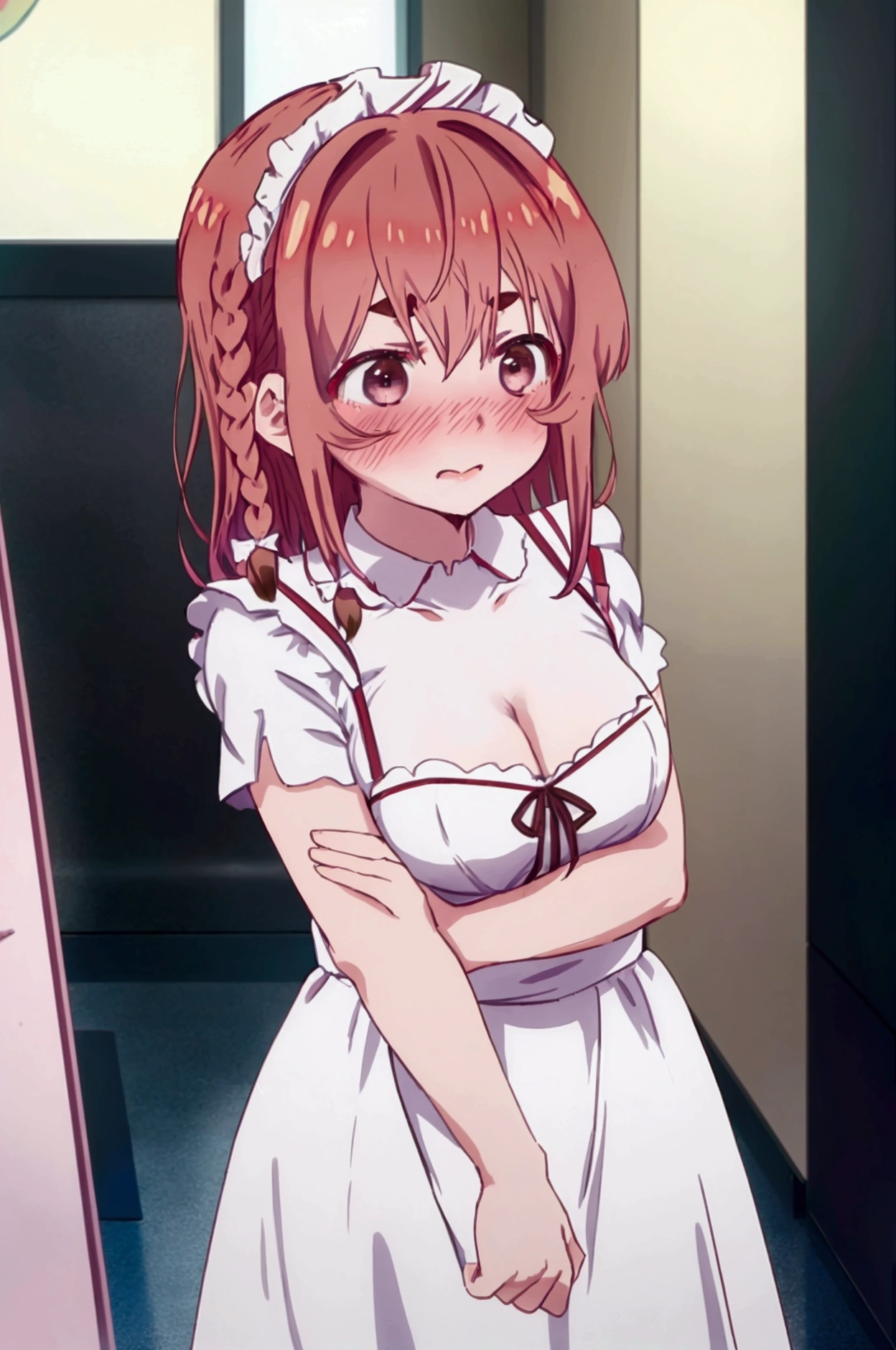Girl、sumi sakurasawa、Maid clothes、Maid headdress、Cleavage、Blushing、Embarrassed、Accentuate your breasts、mini skirt、cafeteria