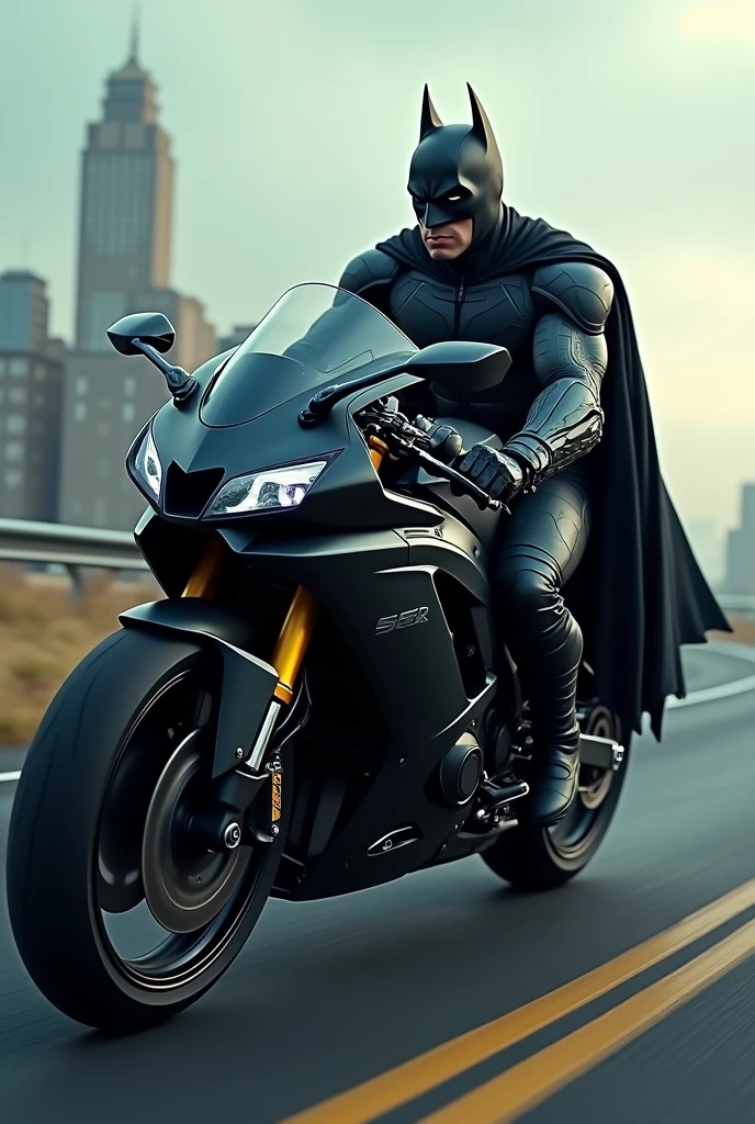 A batman   who.was ride a  sport bike in road  