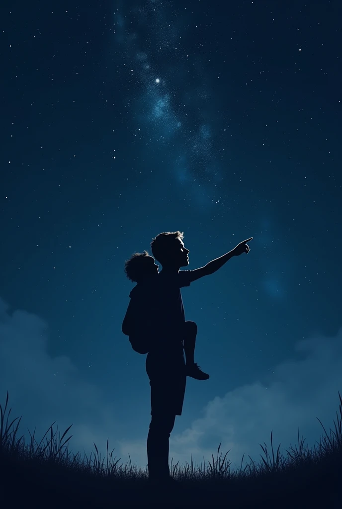 a is piggy back riding her father while they are outside and it's a night time full of stars in the sky. make it an art style like painting and silhouette. atleast 1:1 size photo. the is pointing the stars