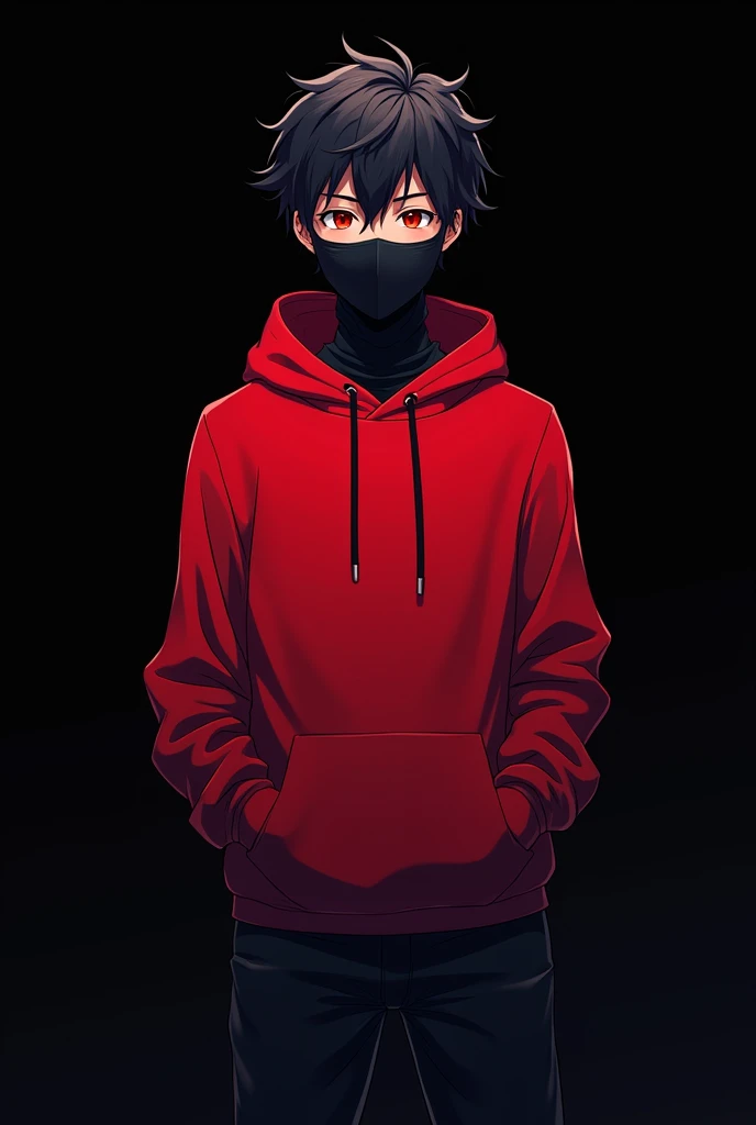 One anime boy 22 years with hoodie of red colour and black mask full body . With black backgroud