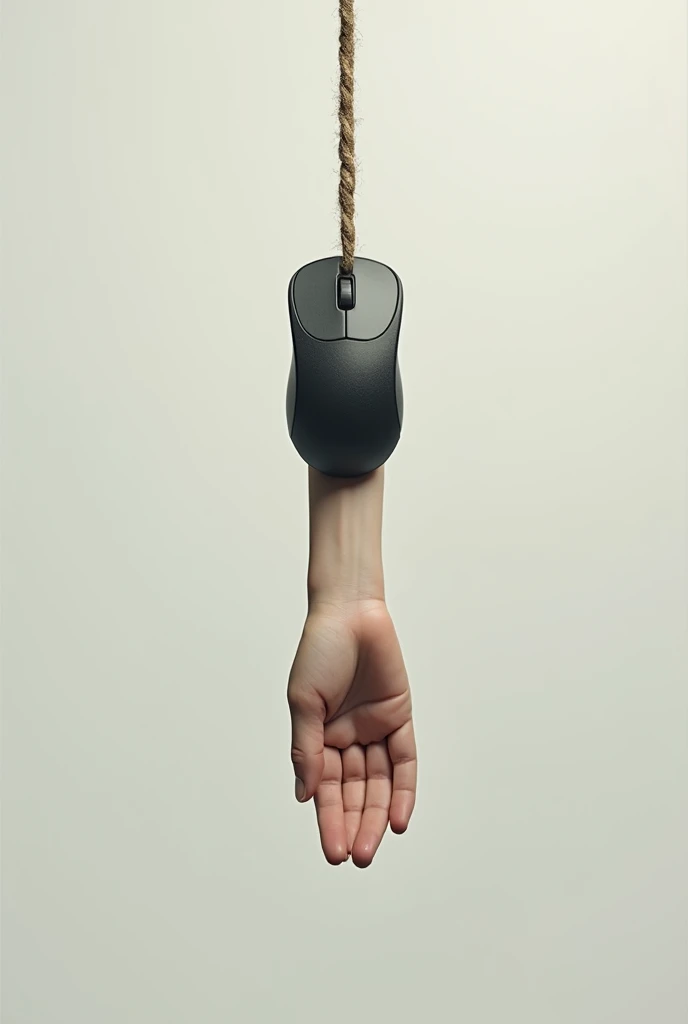 finger suspended in the air, with a rope around him as if he were hanging with a computer mouse