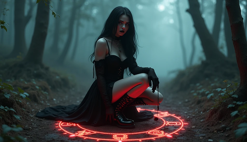 a stylish emo pale witch gothic woman crouched in dark foggy enchanted forest around glowing hex circle magic, witch hat, black velvets, lace, fishnets and leather tinged with scarlet or purple, accessorized with tightly laced corsets, gloves, platform boots and silver jewellery depicting occult themes elegantly quaint in black sludge morbid, fashion and style of dress, typical gothic fashion includes black dyed hair and black clothes wear dark eyeliner, dark nail polish and lipstick, and dramatic makeup (best quality,4k,8k,highres,masterpiece:1.2),ultra-detailed,(realistic,photorealistic,photo-realistic:1.37),HDR,UHD,studio lighting,ultra-fine painting,sharp focus,physically-based rendering,extreme detail description,professional,bokeh,portrait,high fashion,elegant,glamorous,cinematic,dramatic lighting,moody,mysterious,sensual,sophisticated