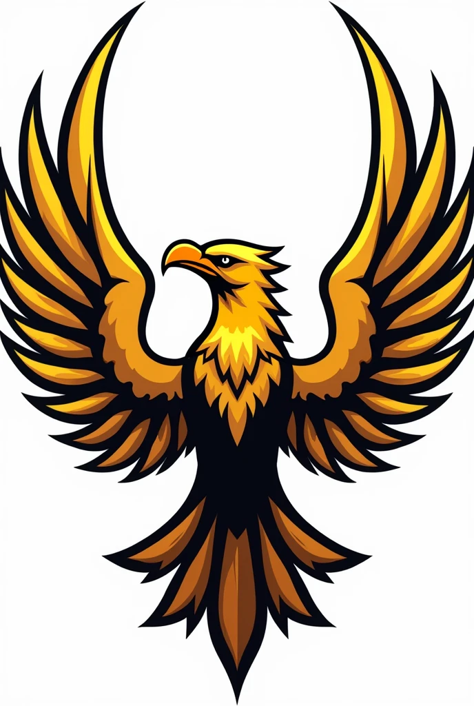 The logo of a golden bird with its wings spread out and its entire body facing the center front and not too many wings., without background, vector art with thick black line art on every part of the body , terinspirasi oleh Victor Noble Rainbird, artstation, clash of clans style, trending on dribbble mascot.featuring, crow, fierce expression 4k, in the quetzecoatl art style, a face in need of a fist, uncompressed png, totem, united, symbol of wisdom, show full body
