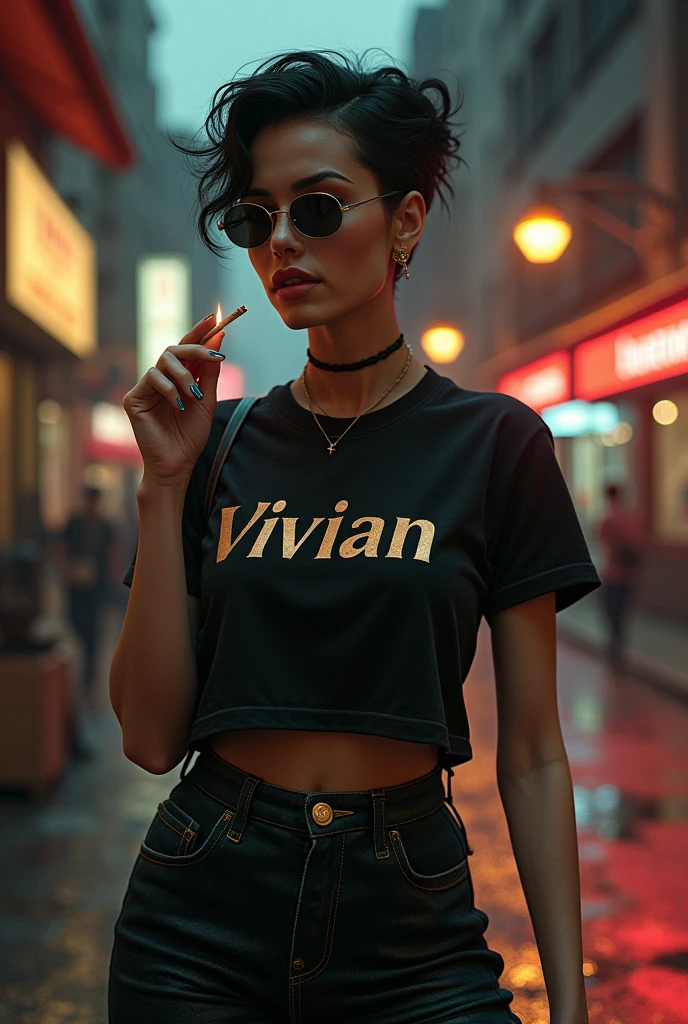 create an image of a well-finished transvestite with a cigarette in her hand and who is on the corner with a bag and a shirt with the word vivian on it