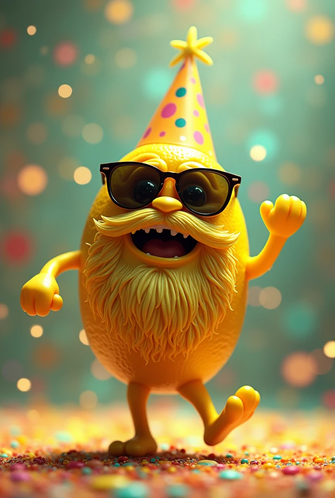 Lemon with beard wearing sunglasses, dancing with birthday hat
