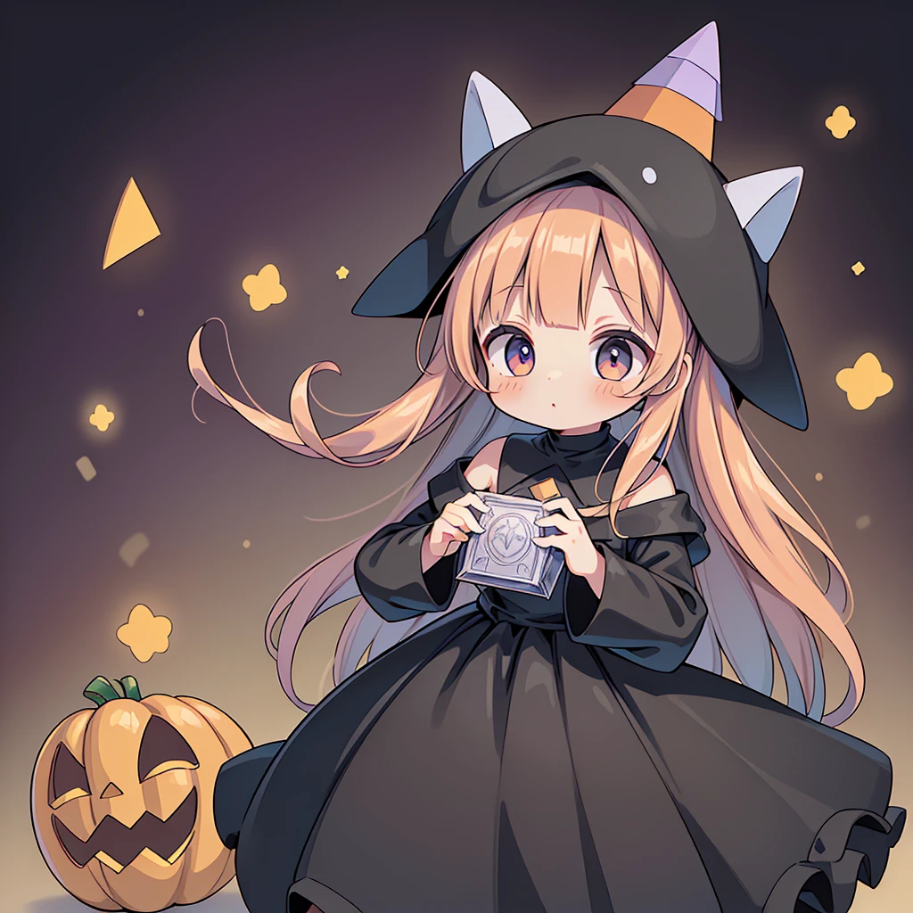 1girl,(((Perfect Anatomy、Perfect human body、Highest quality、Masterpiece、Super detailed、X Composition、S composition、Square Composition、Triangular composition、Award-winning works)))、cute、Palette of pastel colors、Trick or Treat、Pumpkin carriage、Big Wizard Hat、Black Cape、Black dress、Absurd、The fantastic world of Halloween、neon lines、