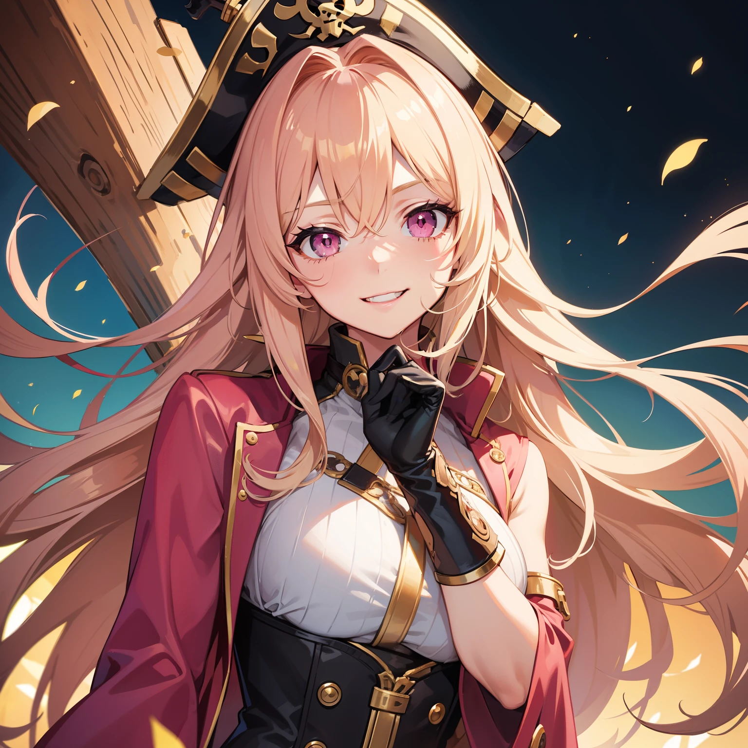 One adult woman, pink eyes, long blonde hair, pirate clothes, smile