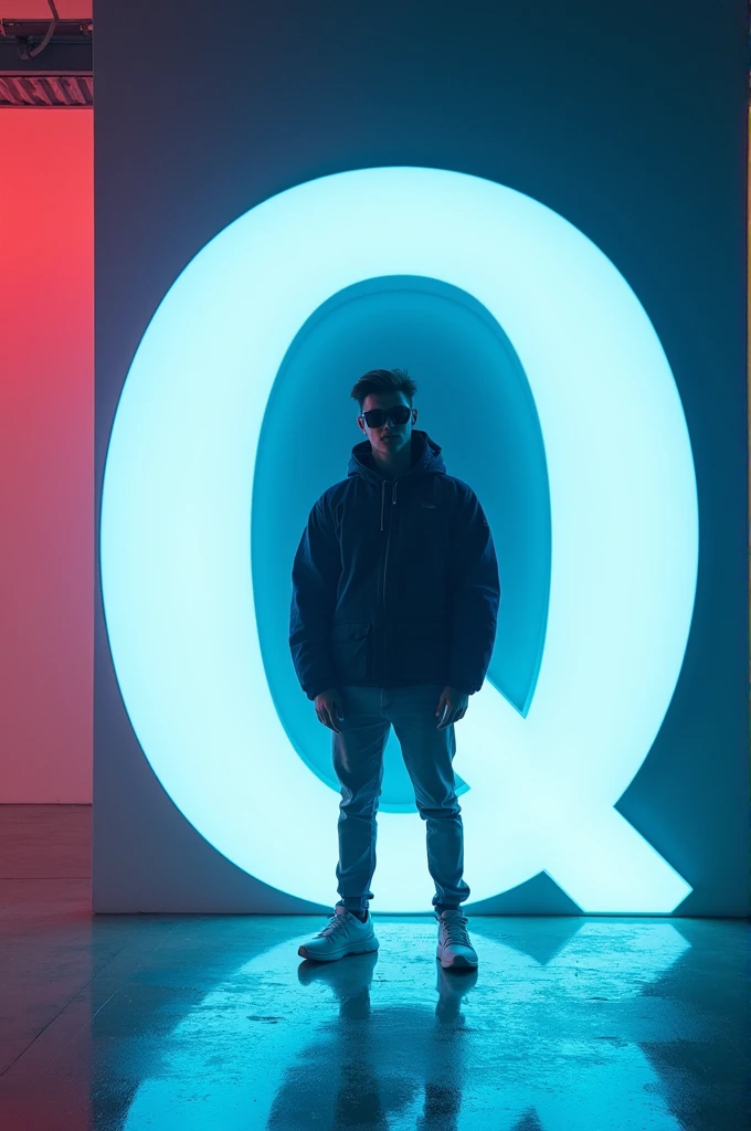 Random youth man wearing sunglass standing with letter Q.Q is brighting and it is huge sized