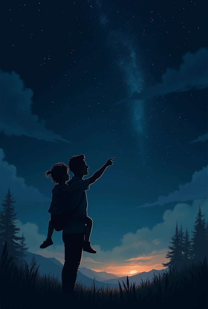 a is piggy back riding her father while they are outside and it's a night time full of stars in the sky. make it an art style like painting and silhouette. atleast 1:1 size photo. the is pointing the stars