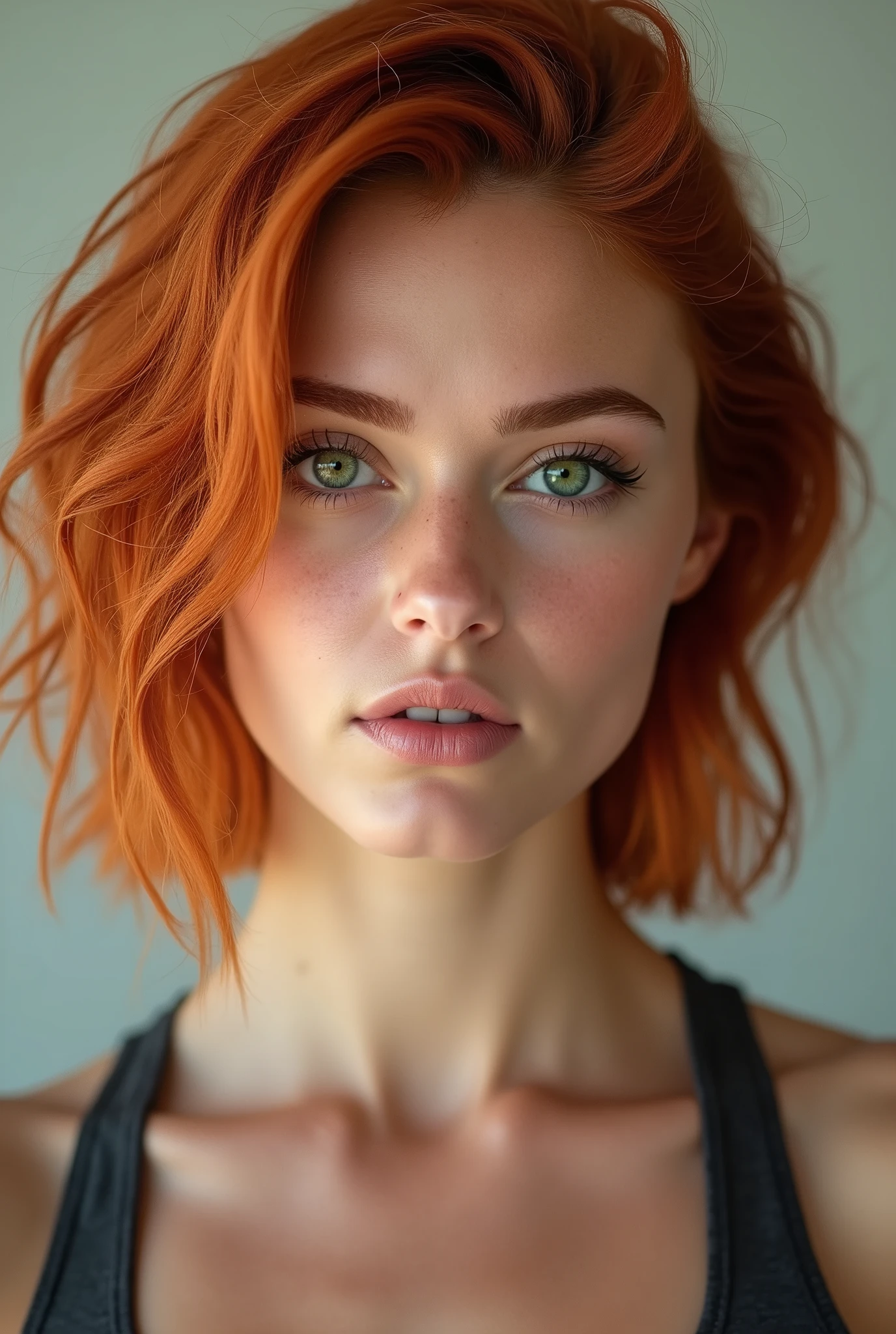 Create the face of a beautiful redhead woman, green eyes, 28 ans, 1m68, 55kg, sportive, squared hair, without cosmetic surgery. 90C chest, waist size 38.