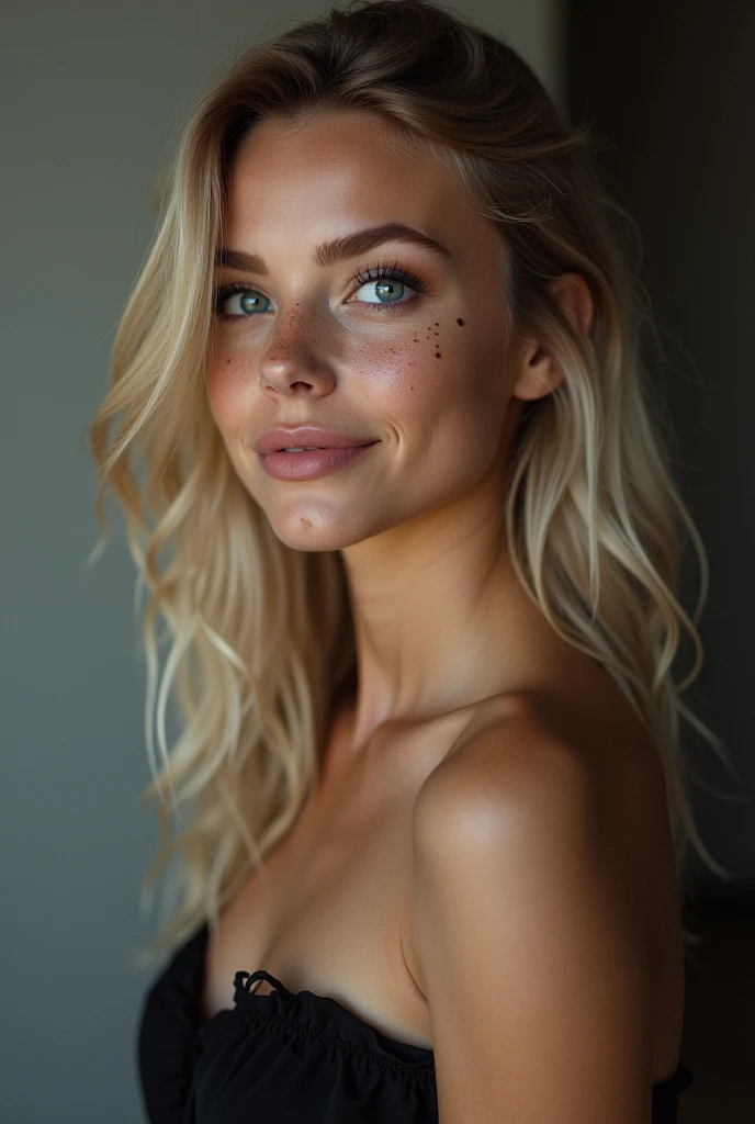 (one-1-person:1.2), beautiful blonde lady, small freckles, great smile, dark make-up, hyperdetailed photograph, smooth light, Portrait of head and shoulders, cover