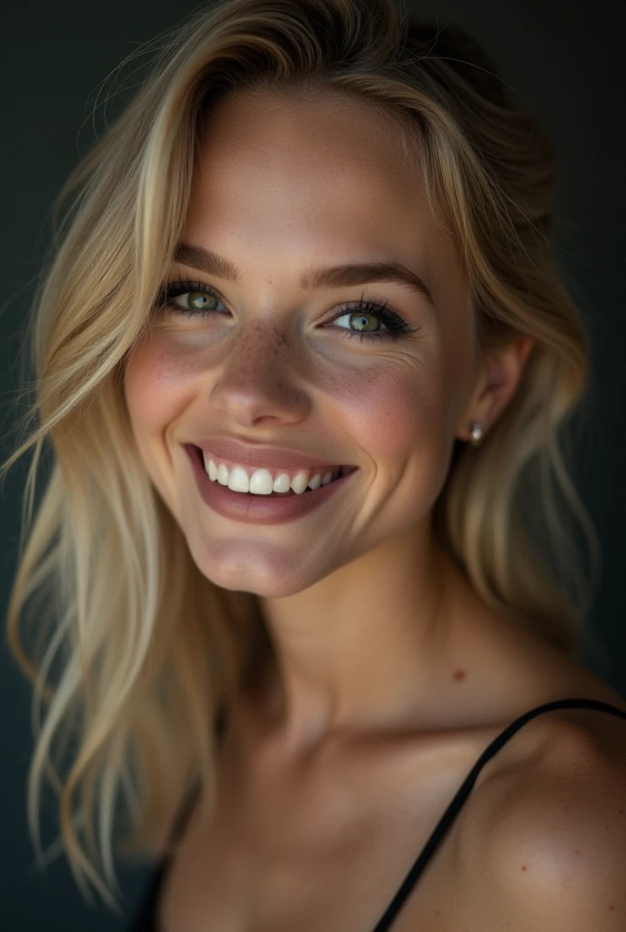 (one-1-person:1.2), beautiful blonde lady, small freckles, great smile, dark make-up, hyperdetailed photograph, smooth light, Portrait of head and shoulders, cover