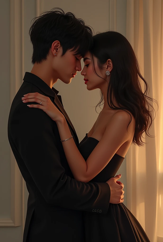 A woman wearing a black dress she is Brazilian, she has medium length hair to the middle of her back, her skin color is light brown, she has a nose ring piercing, she is with her back to the camera hugging jungkook and jungkook is facing jungkook is with his back to the camera 

