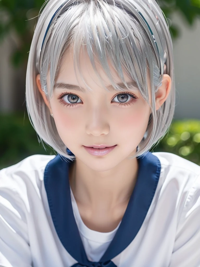A portrait of a young lovely girl in school uniform, with a bright expression, glowing white skin, glossy face, shimmering cheek gloss,best looks, bright silver hair with shimmering highlights, very beautiful glossy hair, (ultra short silver hair:1.75),shimmering clear alluring bright large pale blue eyes, very large eyes, downturned eyes, left and right eyes are equal,eyeliner, thin eyebrows,perfect bust,masterpiece,photorealistic, 8k,16k,high quality, masterpiece, realistic portrait