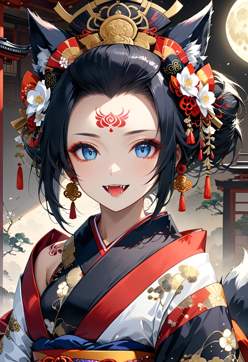 Ink painting, (((1 girl))), (((Tattoo in the middle of the forehead))),(((In the background is the Akatsuki moon))), (((Oiran))), (((Great hair accessories))), Demon possession, ((Masterpiece:1.2)), ((Highest quality)), Extremely detailed and delicate illustration style, Detailed leather texture, Detailed canvas texture, Very detailed description, (Masterpiece T), Extremely beautiful illustration, Highly detailed face, Raw image, professional, Ultra-high resolution panel, Complex details, Superior detail, Intricate decoration details, Perfect anatomy, real, (Very beautiful and cute black and white colored fox woman or girl with blue eyes wearing kimono), ((آذان الثعلب  black hair, White hair, multicolor, the beautiful)), (Beautiful black and white colored fox tail), (black hair, White evil, Beautiful and shiny), (((She has claws on her hands.))), (((She has long fangs.))), (Beautiful and clear blue eyes), (Beautiful detailed eyes:1.6), (Traditional black and white detailed costume), Front view, White flower kimono, Black white colorful hakama long skirt, A maxi skirt, Modestly dressed, He smiles, ((Standing and looking at me)), ((The day)), (Extremely detailed and beautiful Japanese temple construction), (8K Highest quality wallpaper), (Extremely detailed and delicate background)