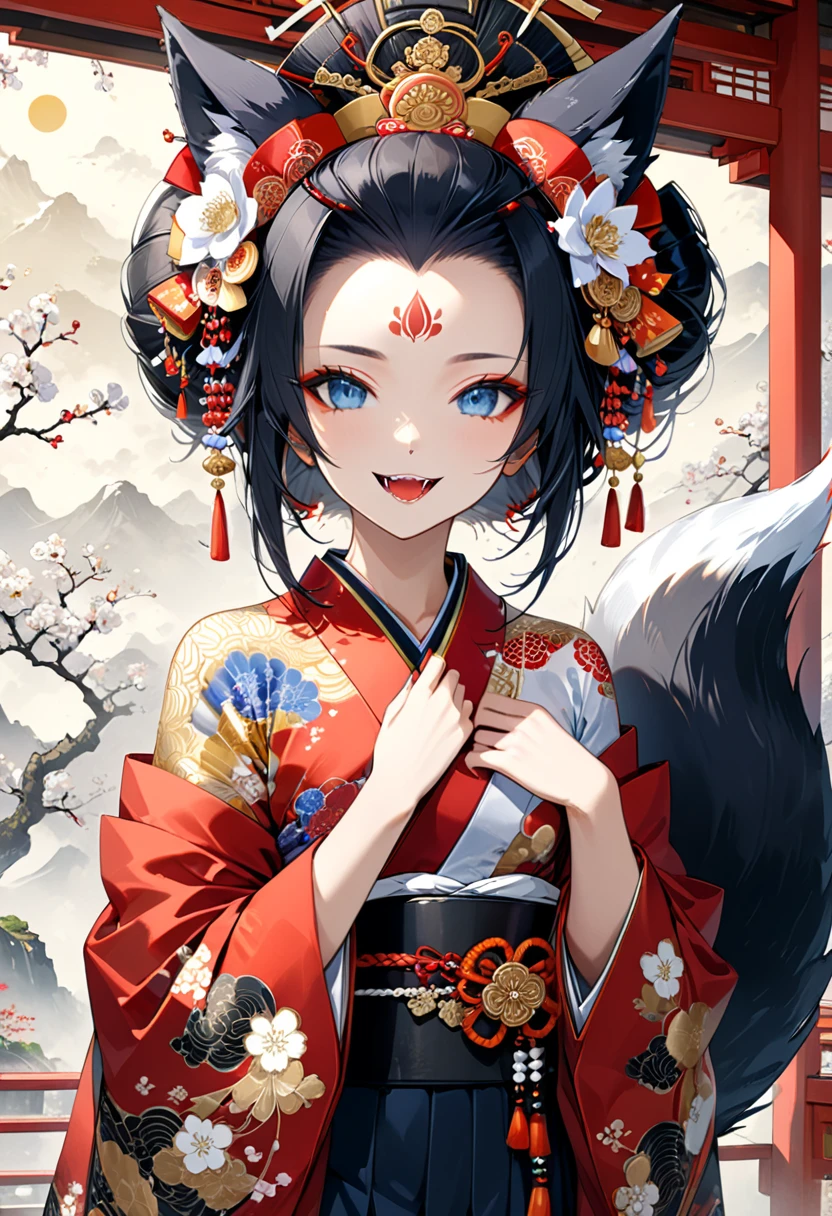Ink painting, (((1 girl))), (((Tattoo in the middle of the forehead))),(((In the background is the Akatsuki moon))), (((Oiran))), (((Great hair accessories))), Demon possession, ((Masterpiece:1.2)), ((Highest quality)), Extremely detailed and delicate illustration style, Detailed leather texture, Detailed canvas texture, Very detailed description, (Masterpiece T), Extremely beautiful illustration, Highly detailed face, Raw image, professional, Ultra-high resolution panel, Complex details, Superior detail, Intricate decoration details, Perfect anatomy, real, (Very beautiful and cute black and white colored fox woman or girl with blue eyes wearing kimono), ((آذان الثعلب black hair, White hair, multicolor, the beautiful)), (Beautiful black and white colored fox tail), (black hair, White evil, Beautiful and shiny), (((She has claws on her hands.))), (((She has long fangs.))), (Beautiful and clear blue eyes), (Beautiful detailed eyes:1.6), (Traditional black and white detailed costume), Front view, White flower kimono, Black white colorful hakama long skirt, A maxi skirt, Modestly dressed, He smiles, ((Standing and looking at me)), ((The day)), (Extremely detailed and beautiful Japanese temple construction), (8K Highest quality wallpaper), (Extremely detailed and delicate background)