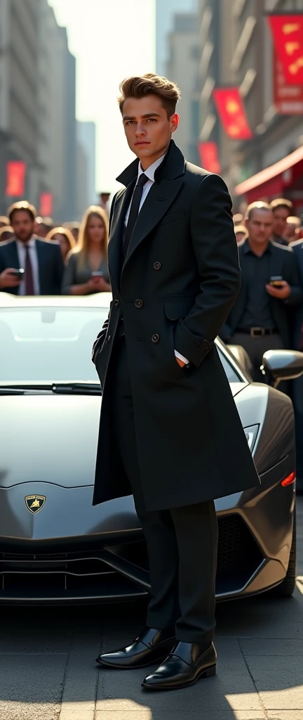 A young Man is Near The Lamborghini car . he wared a beautiful coat and meadiapersons are around the him