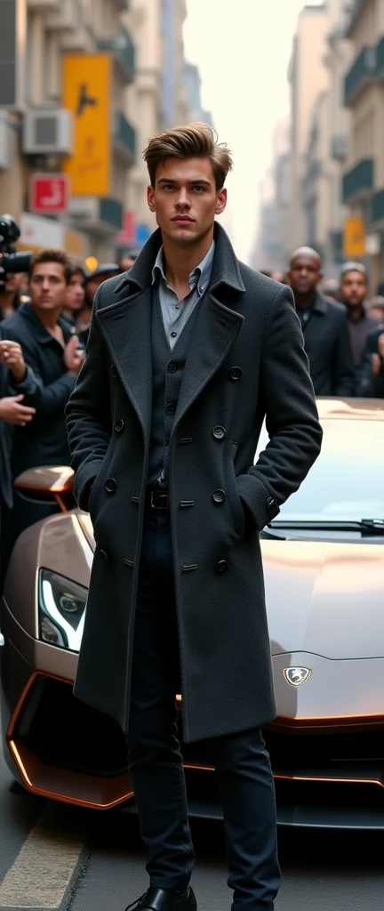 A young Man is Near The Lamborghini car . he wared a beautiful coat and meadiapersons are around the him