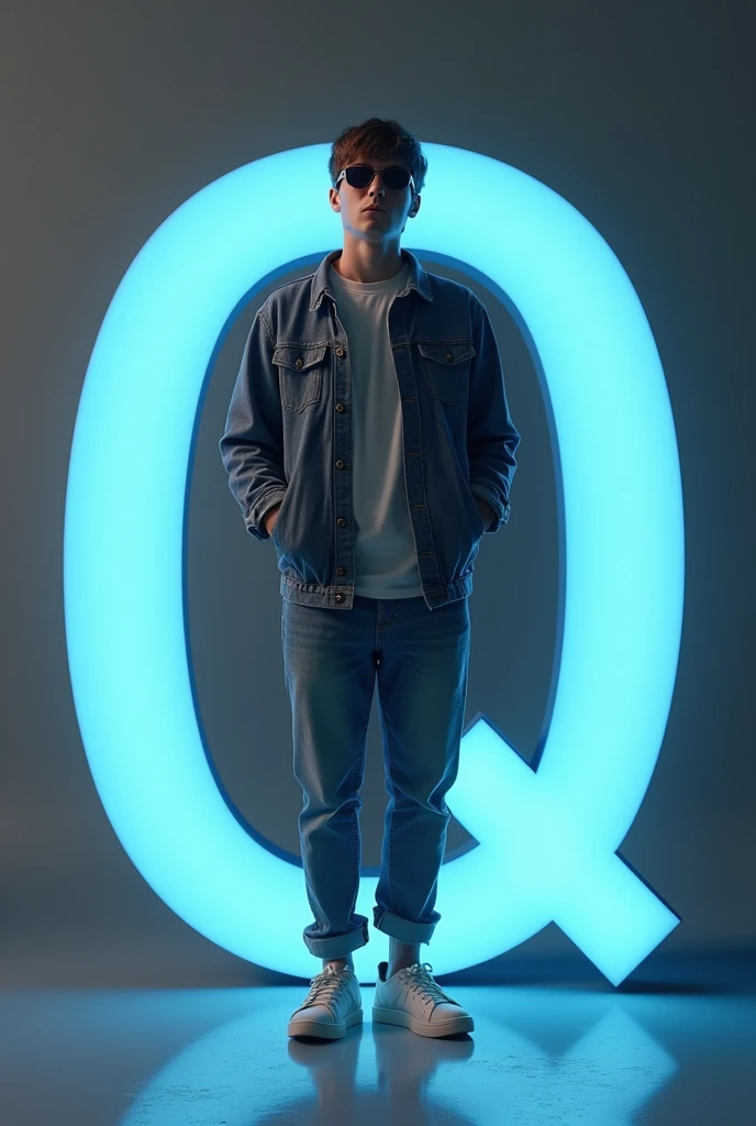 Random youth man wearing sunglass standing with letter Q.Q is brighting