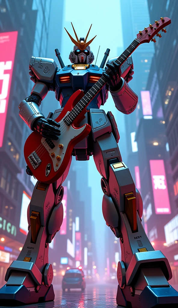 Gundam playing guitar electric on stage,, ((cyberpunk style)), Hi-Tech city, mechanical enhancement, (high-tech fantasy), robotics, blade runner 2049